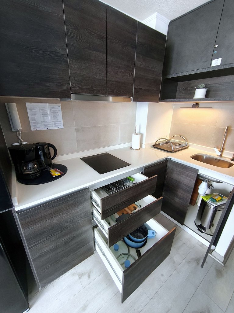 Estudio con terraza privada cama king y escritorio en Santia